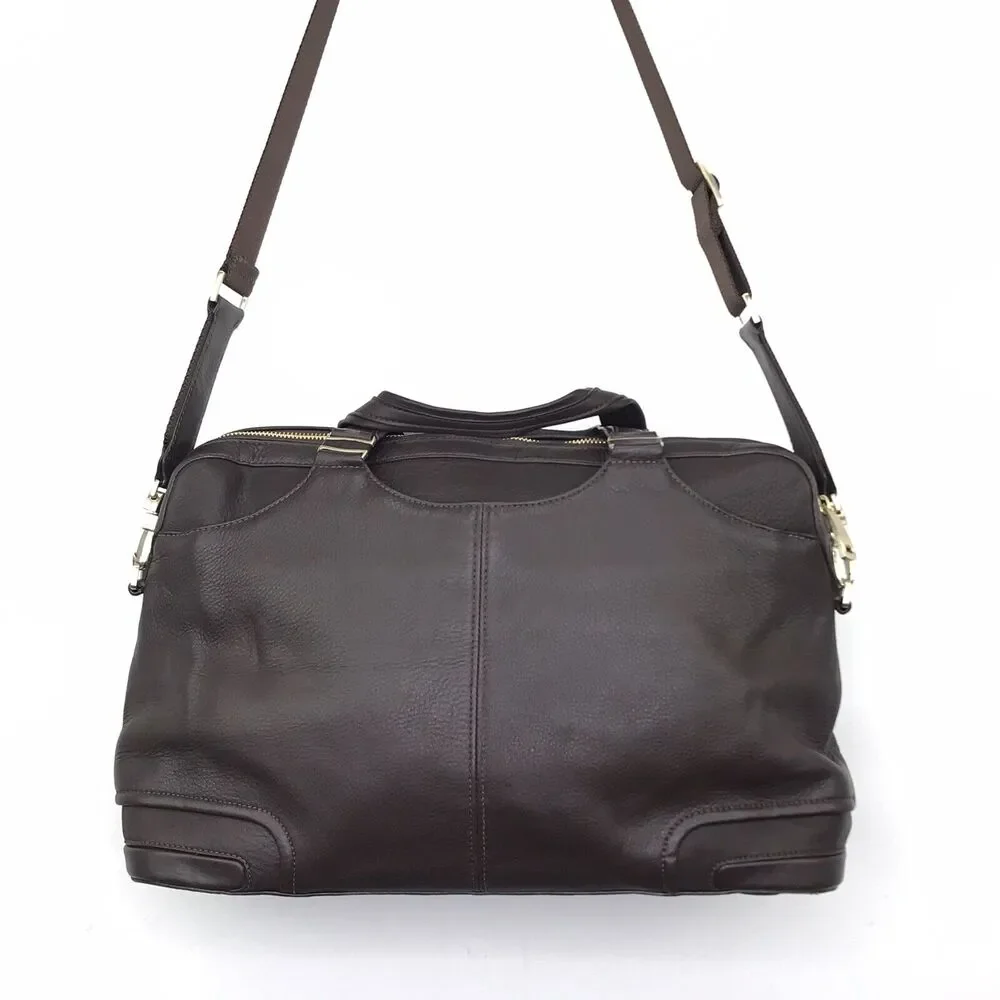 Tumi Messenger Bag Leather Adjustable Straps Zippers Pockets Logo Brown Flaw